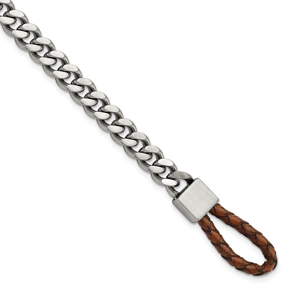 Steel Brushed & Curb Chain Brown Braided Leather Hook 8.25in Bracelet